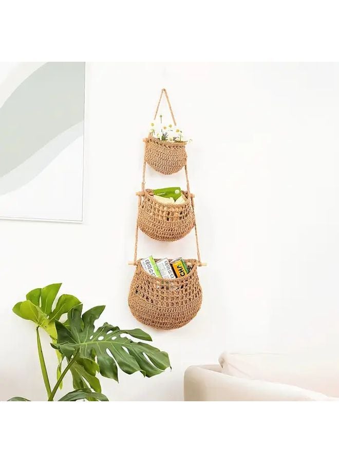 Jute Hanging Basket 3 Tier Over The Door Organizer Wall Storage For Kitchen Pantry - Image 1